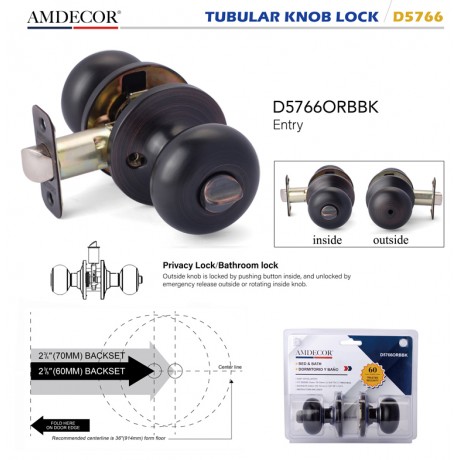 Amdecor D5766 Tubular Door Knob Lock Entry Passage Bath Dummy Lockset SN ORB