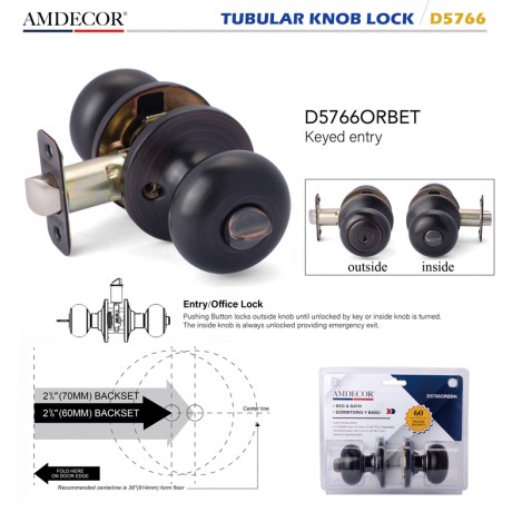 Amdecor D5766 Tubular Door Knob Lock Entry Passage Bath Dummy Lockset SN ORB