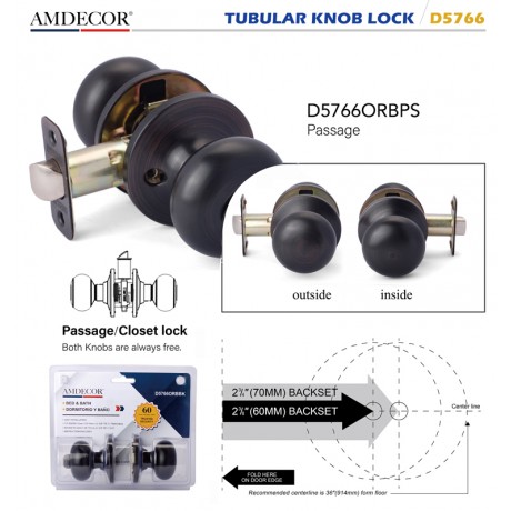 Amdecor D5766 Tubular Door Knob Lock Entry Passage Bath Dummy Lockset SN ORB