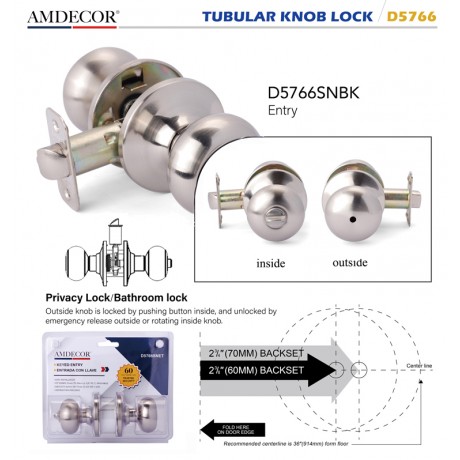 Amdecor D5766 Tubular Door Knob Lock Entry Passage Bath Dummy Lockset SN ORB
