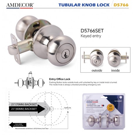 Amdecor D5766 Tubular Door Knob Lock Entry Passage Bath Dummy Lockset SN ORB