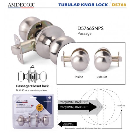 Amdecor D5766 Tubular Door Knob Lock Entry Passage Bath Dummy Lockset SN ORB