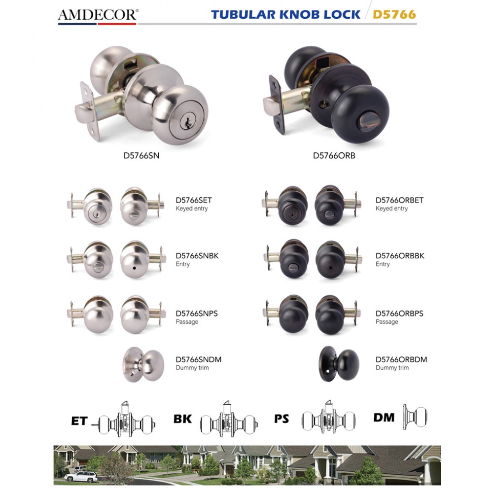 Amdecor D5766 Tubular Door Knob Lock Entry Passage Bath Dummy Lockset SN ORB