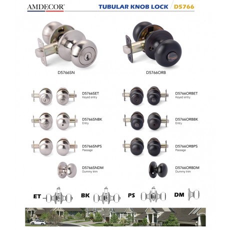 Amdecor D5766 Tubular Door Knob Lock Entry Passage Bath Dummy Lockset SN ORB