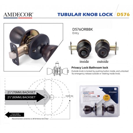 Amdecor D576 Tubular Door Knob Lock Entry Passage Bath Dummy Lockset SN ORB