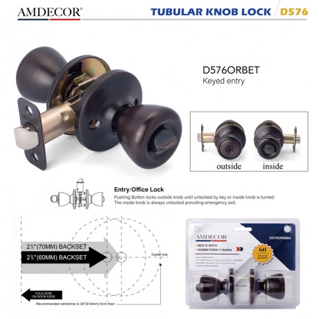 Amdecor D576 Tubular Door Knob Lock Entry Passage Bath Dummy Lockset SN ORB