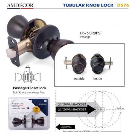 Amdecor D576 Tubular Door Knob Lock Entry Passage Bath Dummy Lockset SN ORB