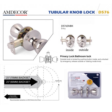 Amdecor D576 Tubular Door Knob Lock Entry Passage Bath Dummy Lockset SN ORB