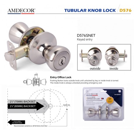 Amdecor D576 Tubular Door Knob Lock Entry Passage Bath Dummy Lockset SN ORB