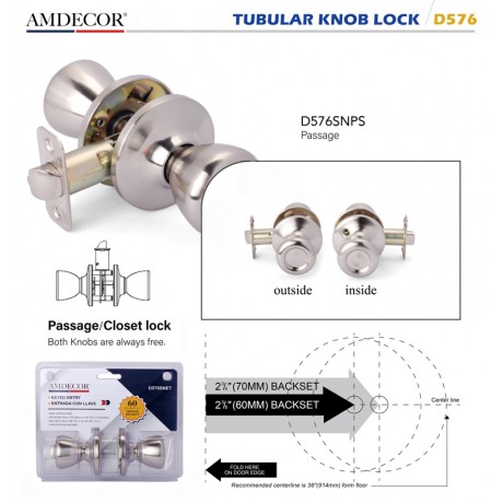 Amdecor D576 Tubular Door Knob Lock Entry Passage Bath Dummy Lockset SN ORB