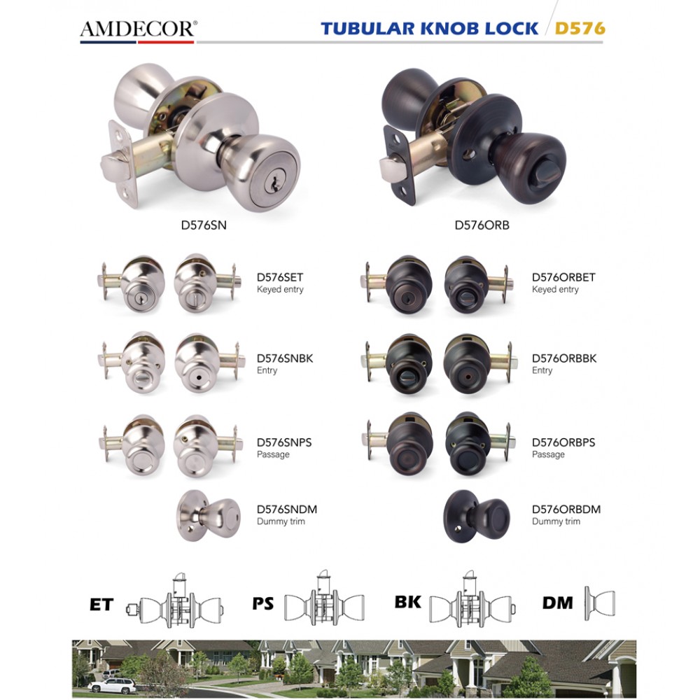 Amdecor D576 Tubular Door Knob Lock Entry Passage Bath Dummy Lockset SN ORB