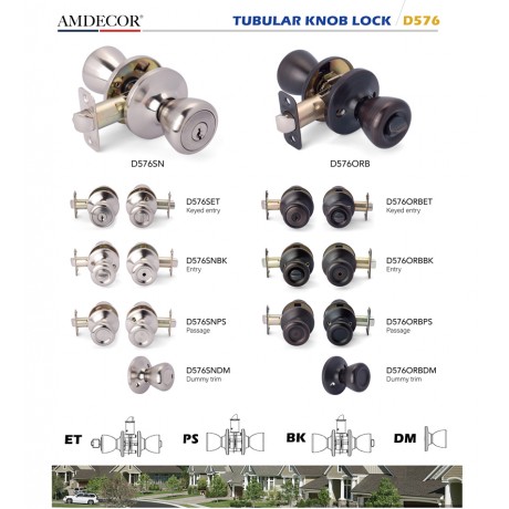 Amdecor D576 Tubular Door Knob Lock Entry Passage Bath Dummy Lockset SN ORB