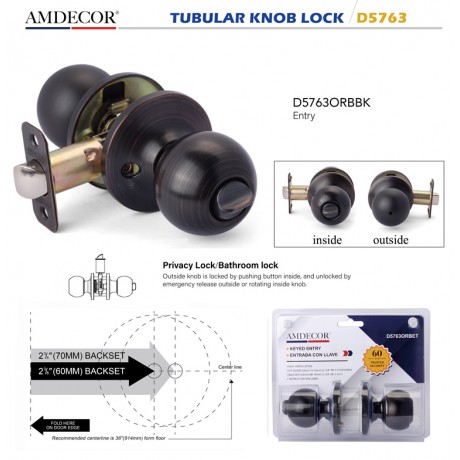 Amdecor D5763 Tubular Door Knob Lock Entry Passage Bath Dummy Lockset SN ORB