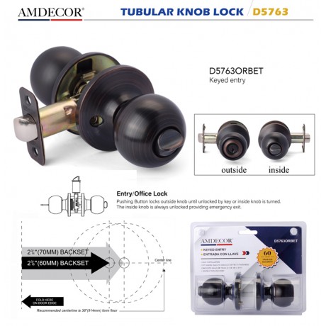 Amdecor D5763 Tubular Door Knob Lock Entry Passage Bath Dummy Lockset SN ORB