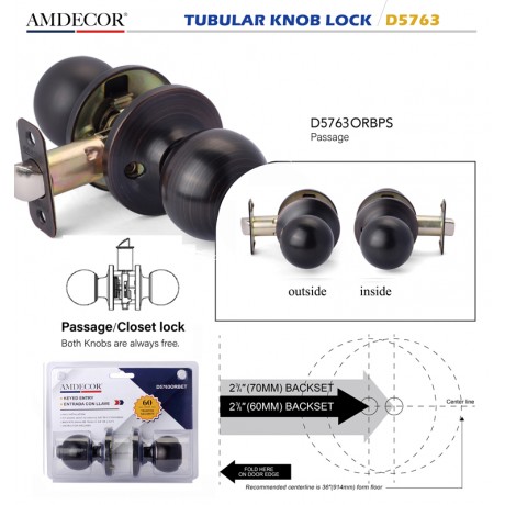 Amdecor D5763 Tubular Door Knob Lock Entry Passage Bath Dummy Lockset SN ORB