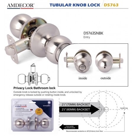 Amdecor D5763 Tubular Door Knob Lock Entry Passage Bath Dummy Lockset SN ORB