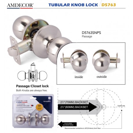 Amdecor D5763 Tubular Door Knob Lock Entry Passage Bath Dummy Lockset SN ORB