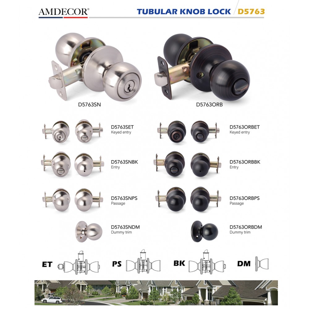 Amdecor D5763 Tubular Door Knob Lock Entry Passage Bath Dummy Lockset SN ORB