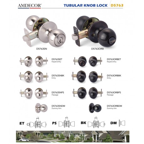 Amdecor D5763 Tubular Door Knob Lock Entry Passage Bath Dummy Lockset SN ORB