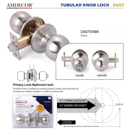 Amdecor D607 Tubular Door Knob Lock Entry Passage Bath Dummy Lockset SN ORB