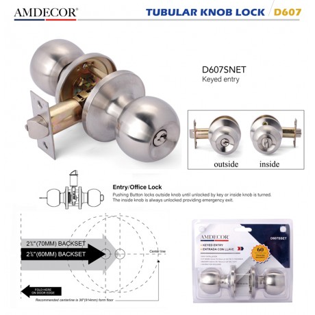Amdecor D607 Tubular Door Knob Lock Entry Passage Bath Dummy Lockset SN ORB