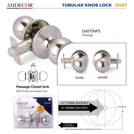 Amdecor D607 Tubular Door Knob Lock Entry Passage Bath Dummy Lockset SN ORB