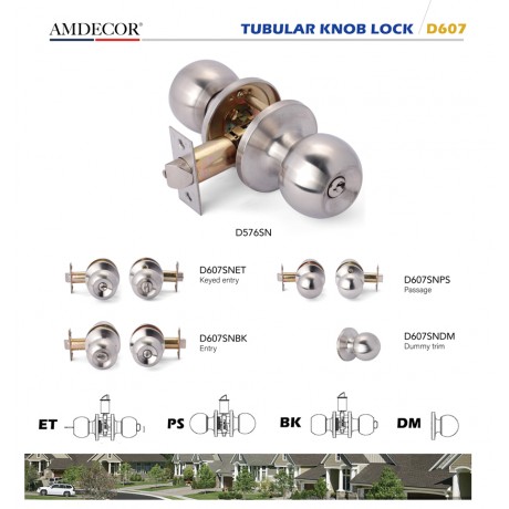 Amdecor D607 Tubular Door Knob Lock Entry Passage Bath Dummy Lockset SN ORB